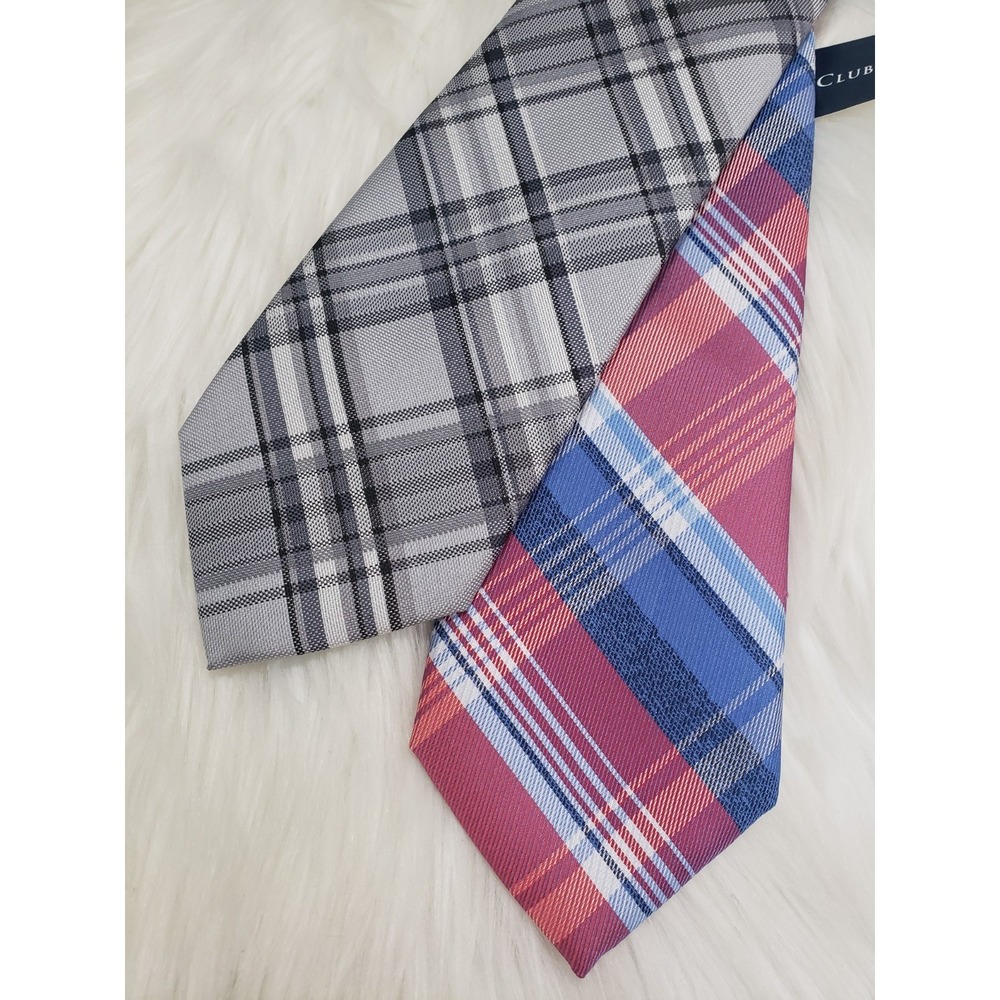NEW LOT 2 plaid gray red blue academic necktie picnic gray prep golf coach